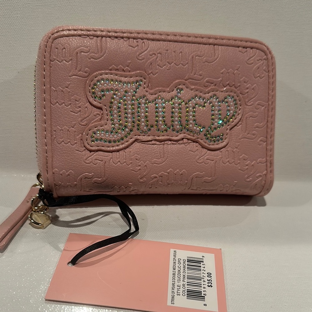 NWT Juicy Couture Double Zipper Pink Wallet with ID, CC, bills, coin slots.